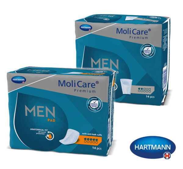 Molicare Men Pad est une protection de forme anatomique spécifique pour homme actif et mobile. Pour fuites urinaires limitées.