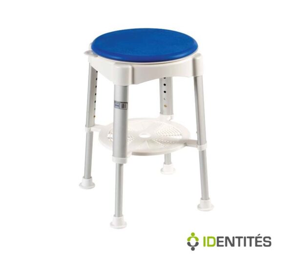 Tabouret de douche Santorin pivotant à 360° permettant de prendre sa douche confortablement installé.