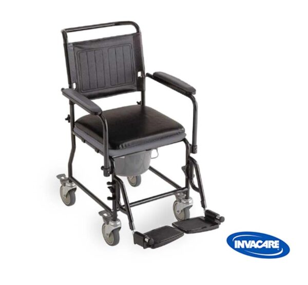 Chaise garde robe à roulettes de la marque Invacare idéale pour les personnes ayant une mobilité réduite. Son seau est amovible.